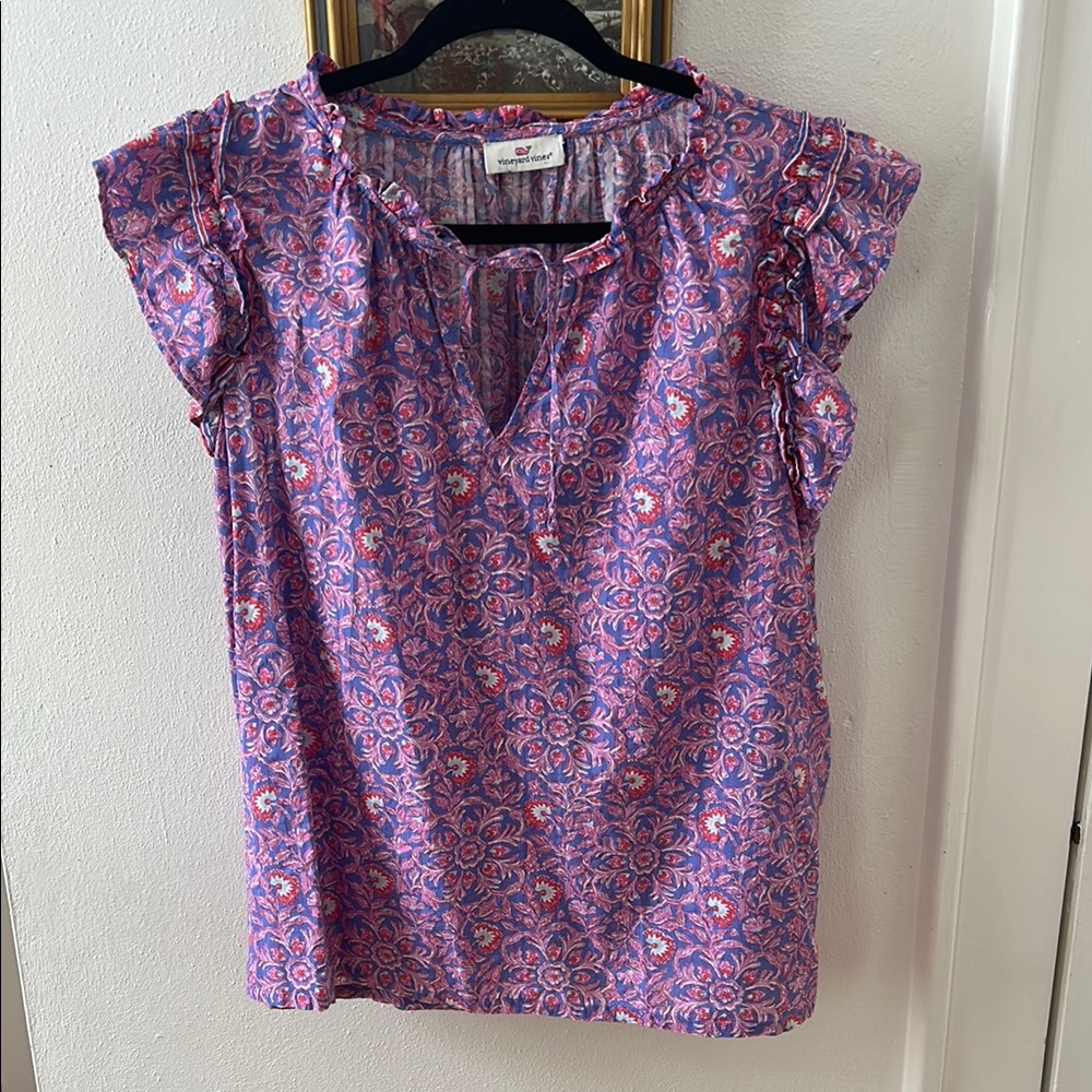 Vineyard Vines Ruffled Cap Sleeve Blouse in Purple and Pink